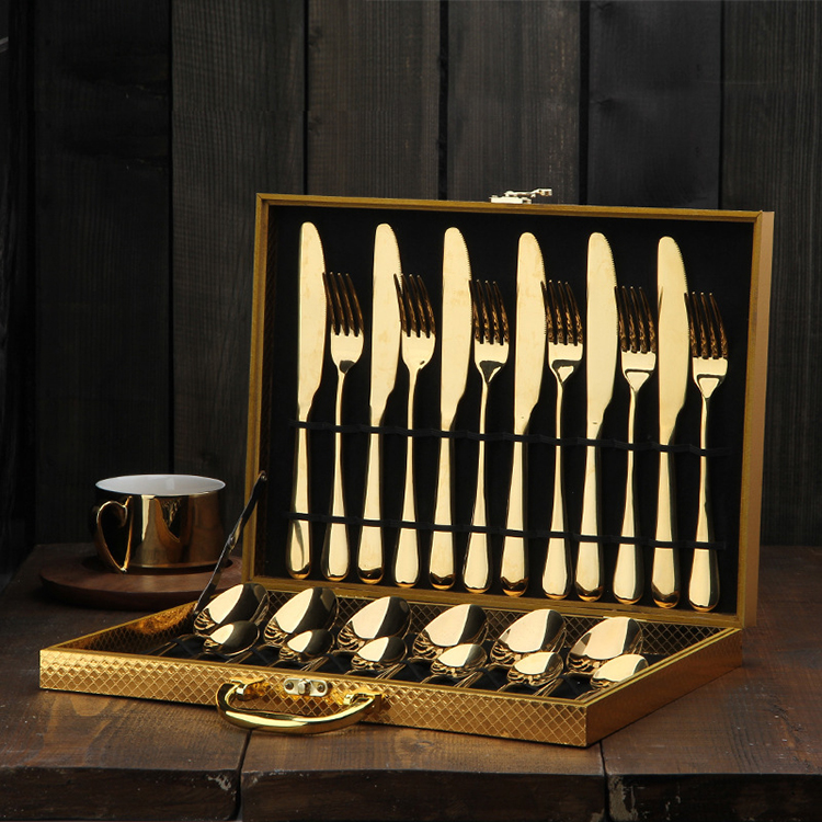 24-piece gold stainless steel cutlery set with gift box for parties and formal dining

