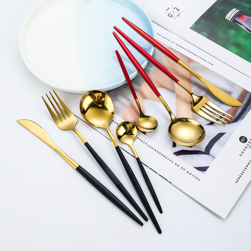 Stainless steel cutlery set with knife, fork, and spoon for restaurant or home use

