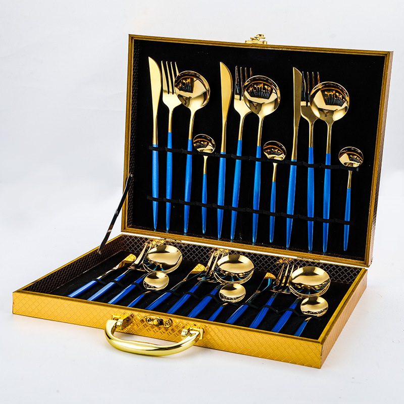 Complete gold flatware set including knife, fork, spoon in luxury stainless steel design

