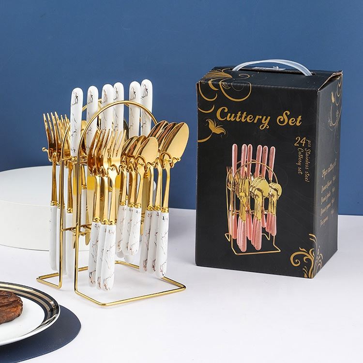 24-piece ceramic handle stainless steel cutlery set with stand and gift box