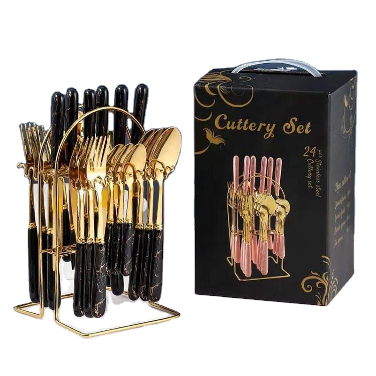 24-piece ceramic handle stainless steel cutlery set with stand and gift box