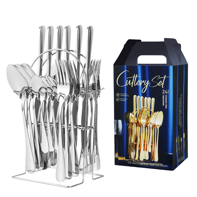 24-piece stainless steel flatware set including knife, fork, spoon for dining table use

