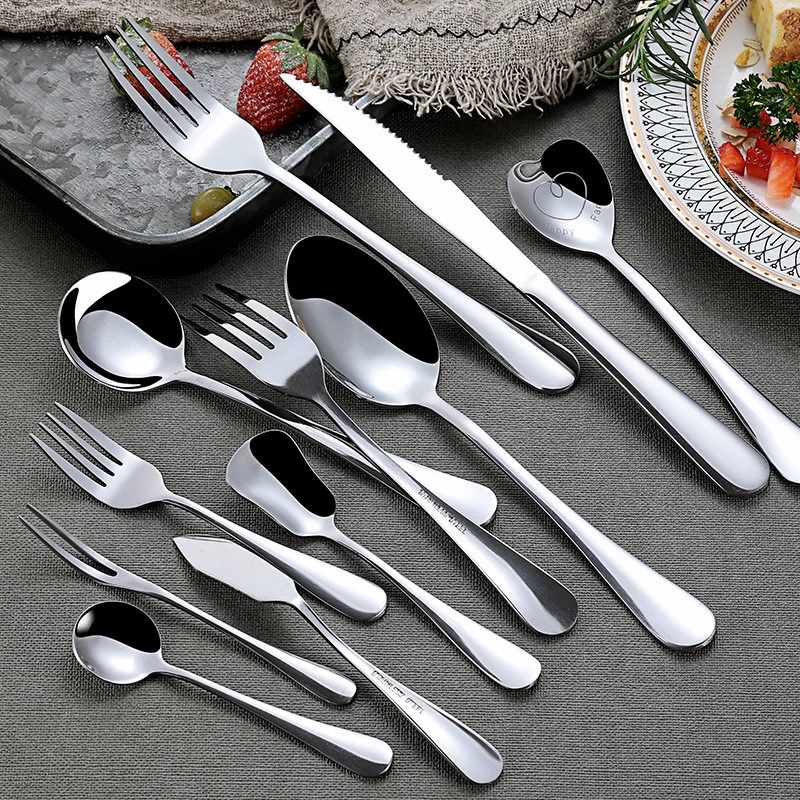 Stainless steel serving cutlery set including service knife, spoon, and fork

