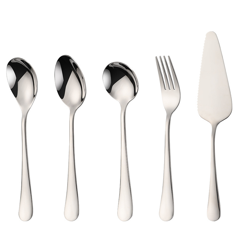 Stainless steel serving cutlery set including service knife, spoon, and fork

