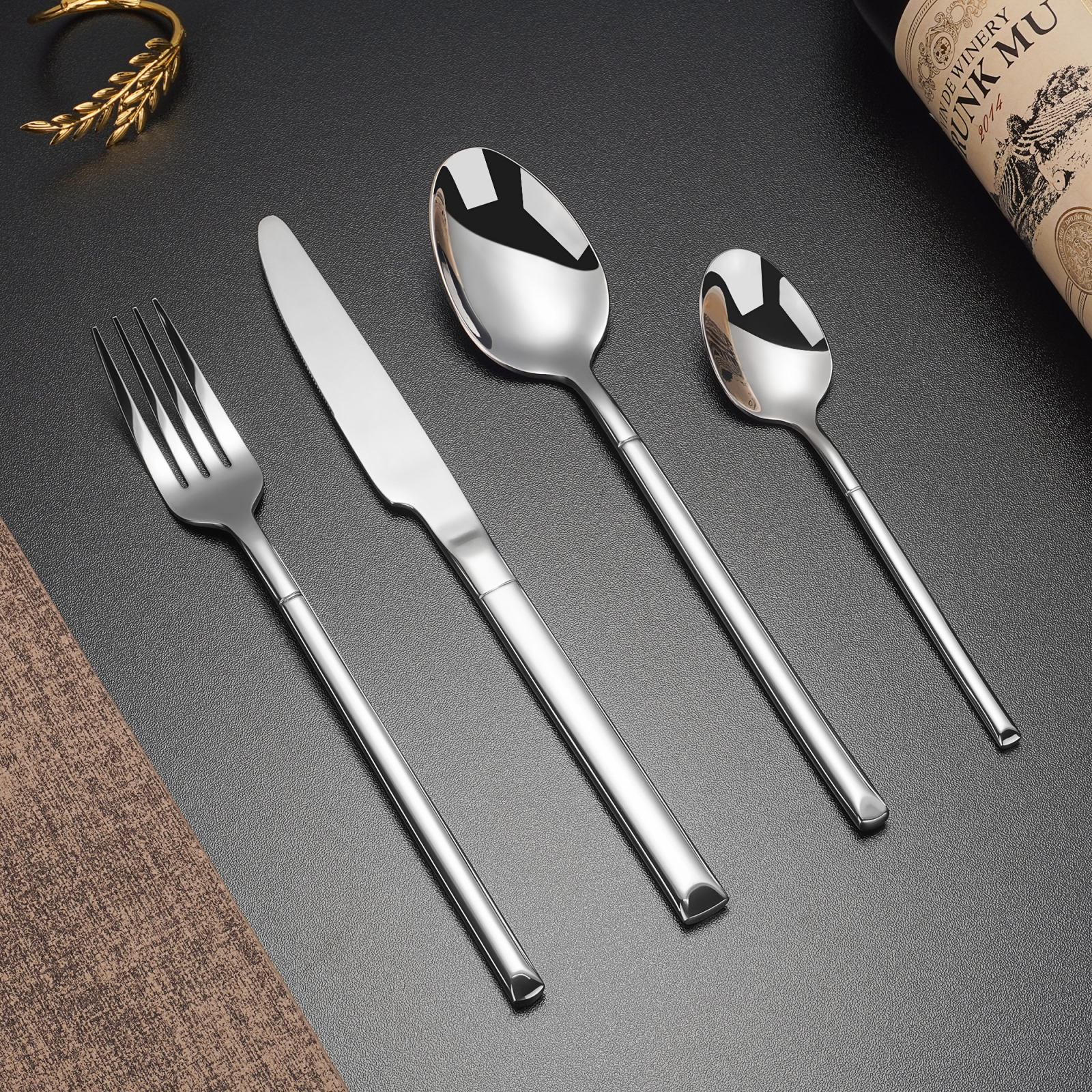 Food-grade stainless steel cutlery set with spoon, fork, and knife for safe dining


