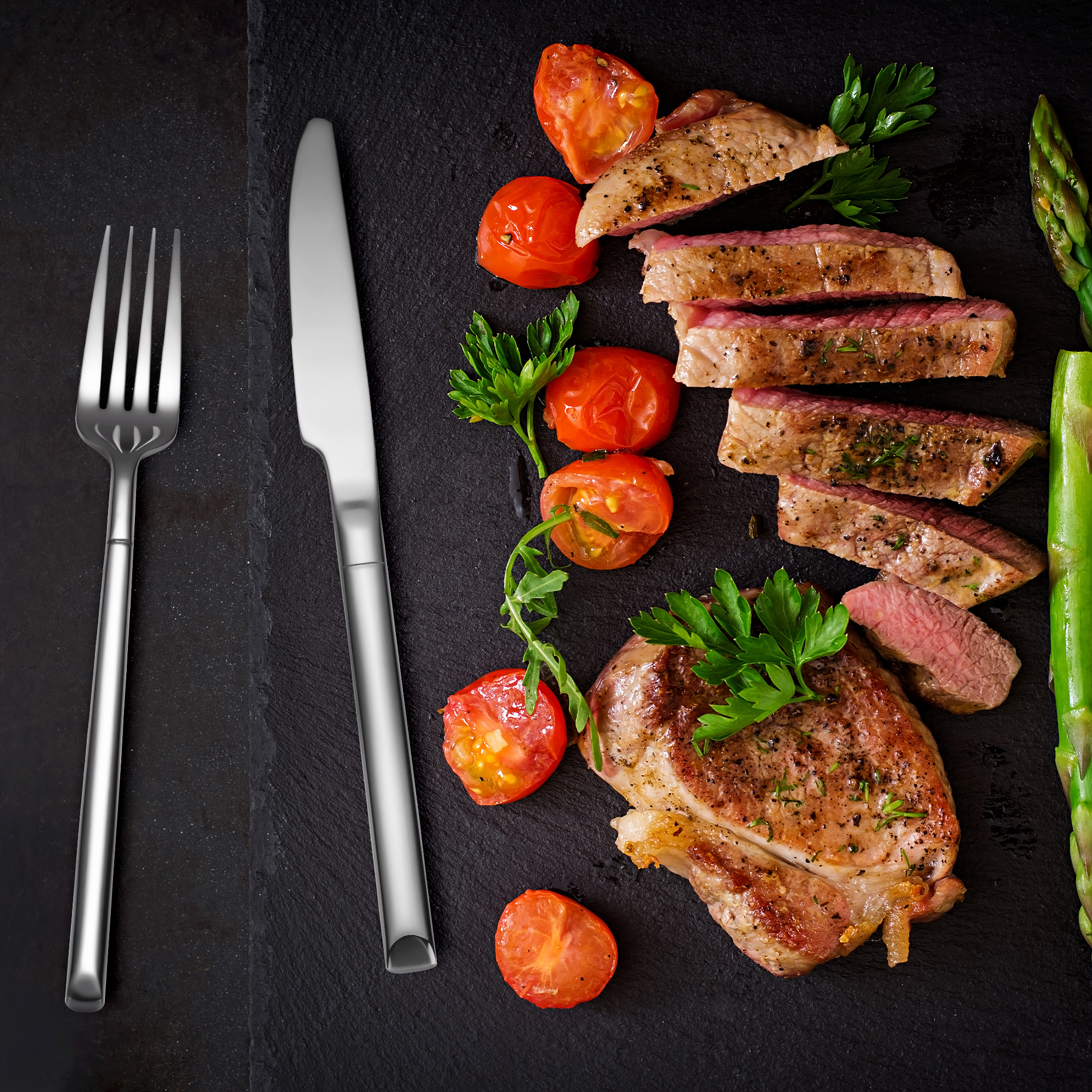 Food-grade stainless steel cutlery set with spoon, fork, and knife for safe dining

