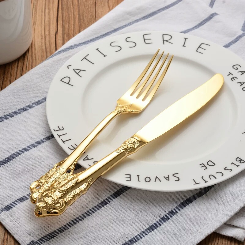 Stainless steel restaurant silverware set with knife, fork, and spoon