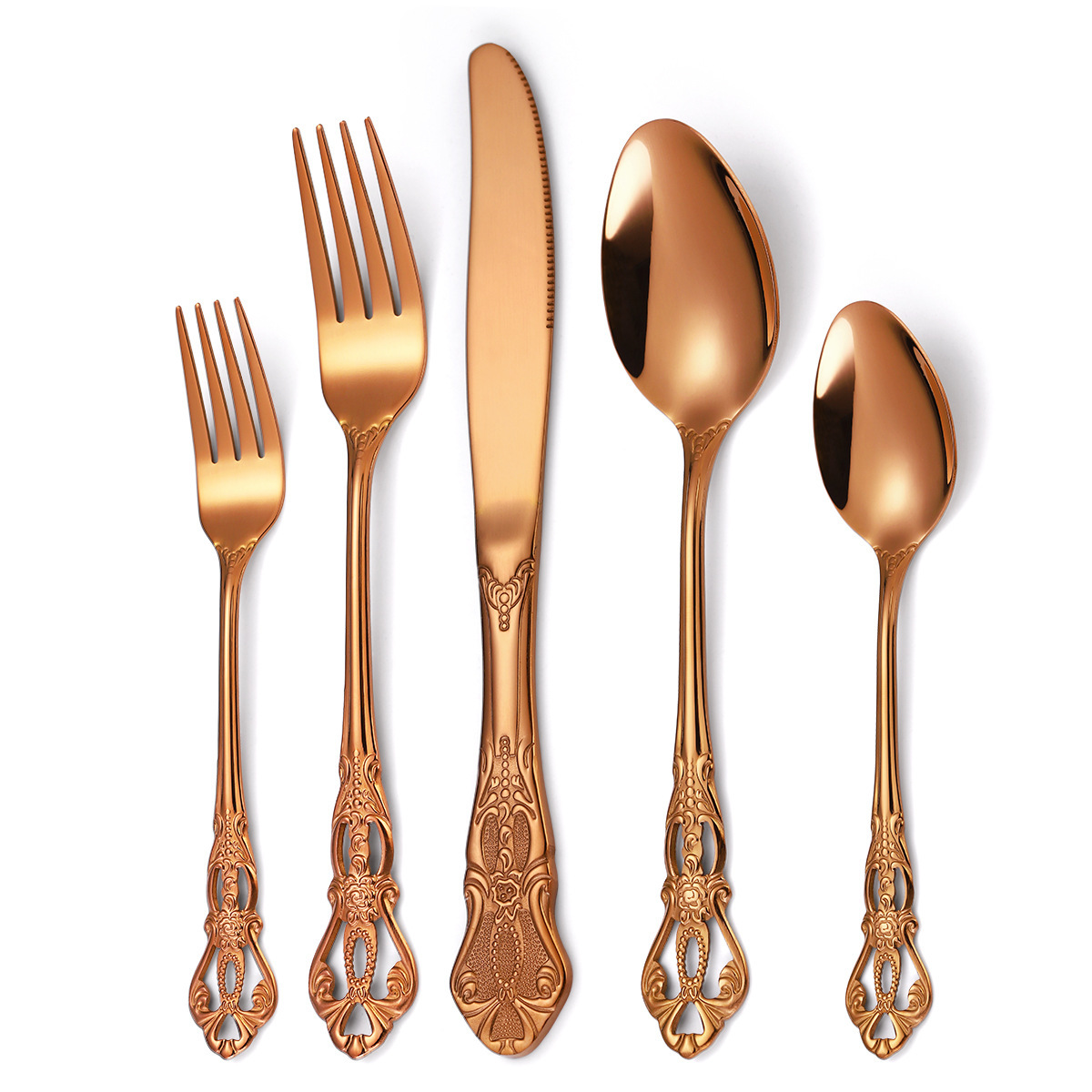 Stainless steel restaurant silverware set with knife, fork, and spoon