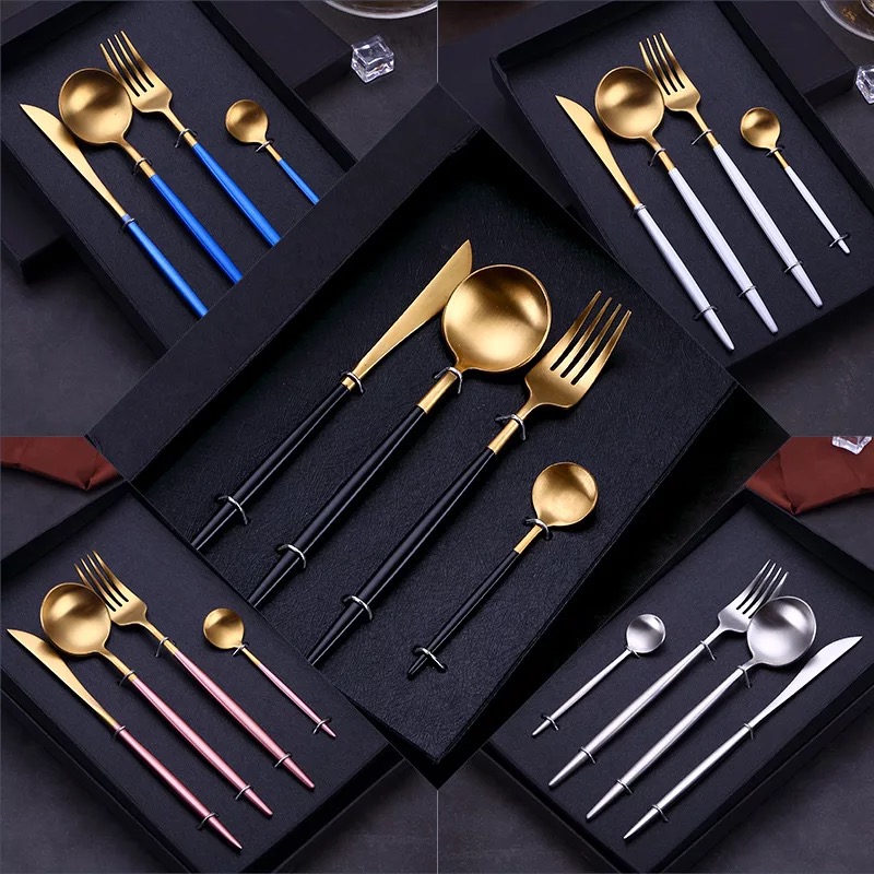 Stainless steel restaurant silverware set with knife, fork, and spoon