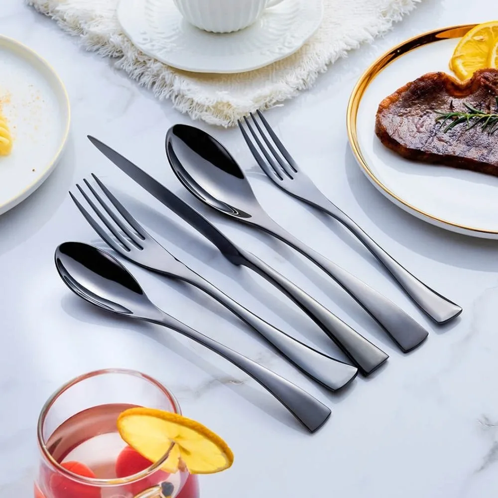 Black Stainless Steel Silverware Set with Steak Knife