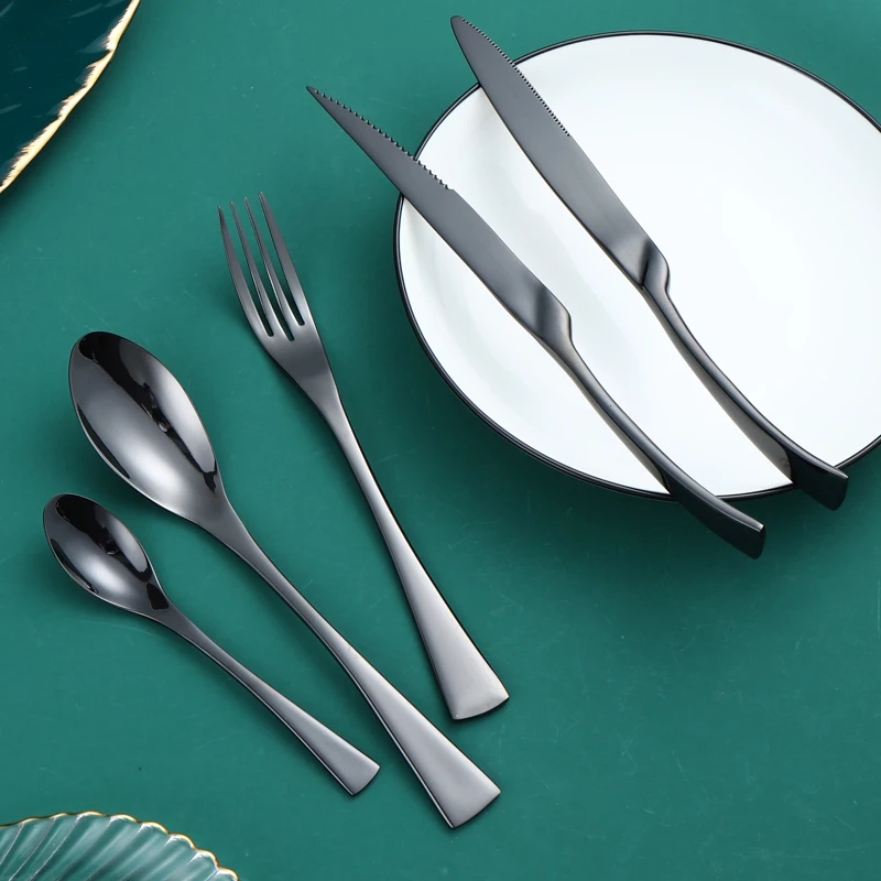 Black Stainless Steel Silverware Set with Steak Knife