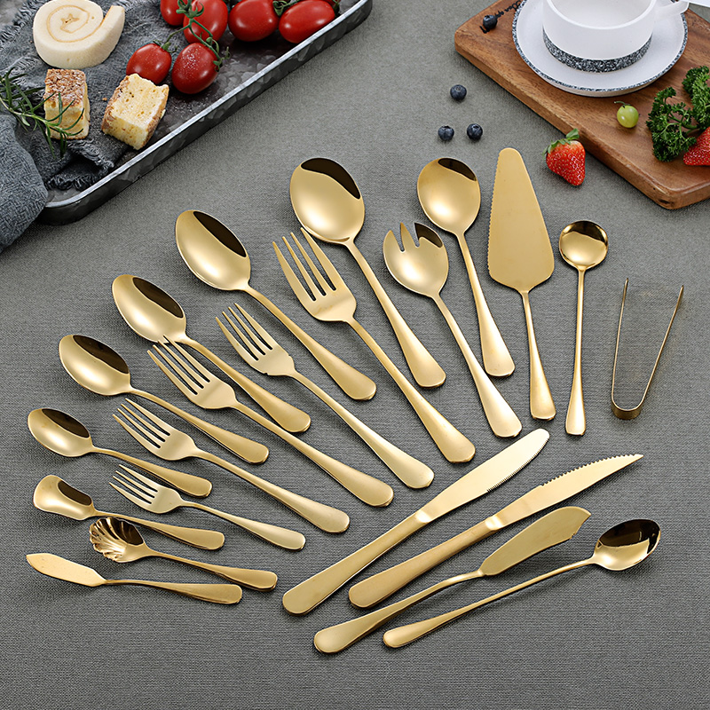 Bulk luxury gold and silver stainless steel cutlery set for hospitality use