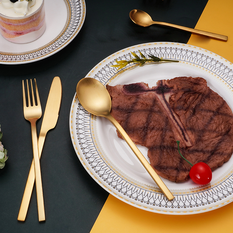 Bulk luxury gold and silver stainless steel cutlery set for hospitality use