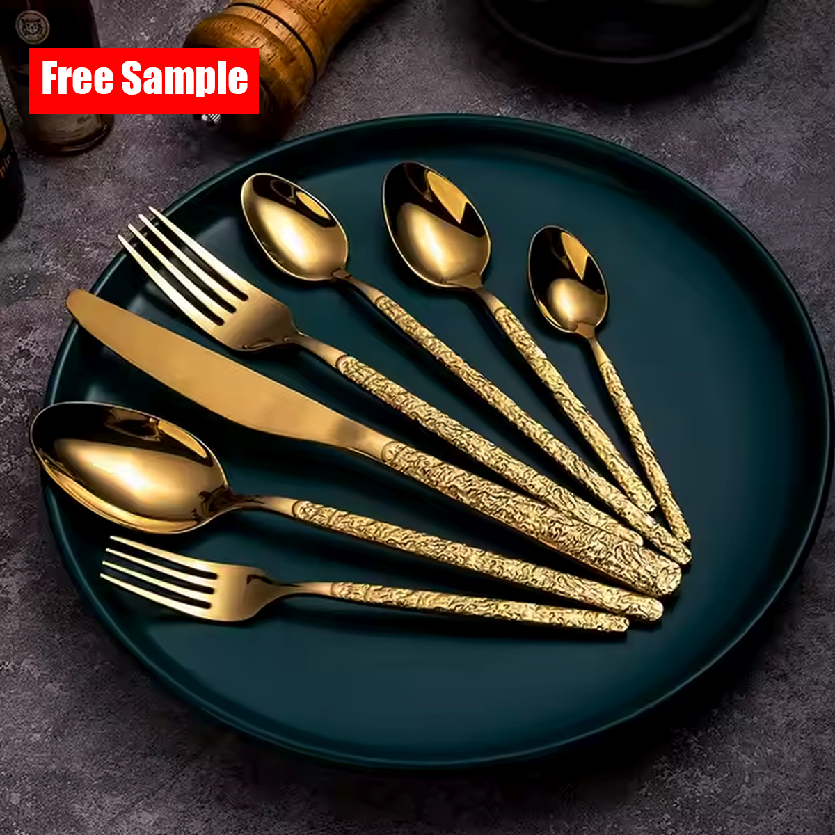 5-piece gold wedding cutlery set with elegant finish