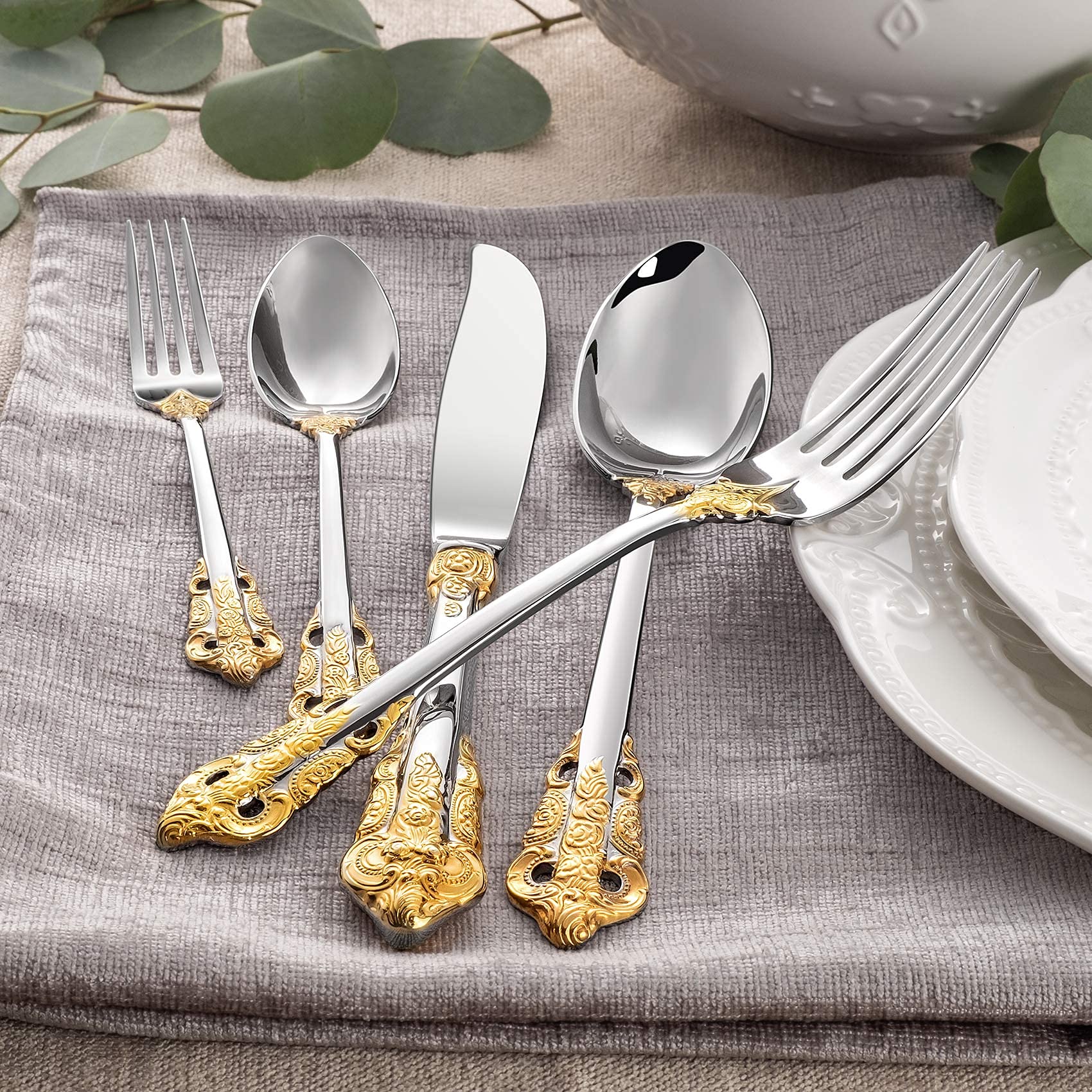 5-piece gold wedding cutlery set with elegant finish