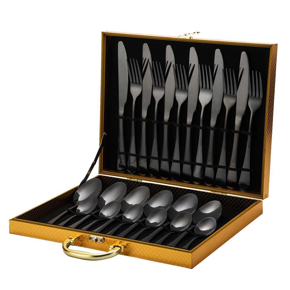 Gold stainless steel wedding cutlery set with fork, knife, and spoon

