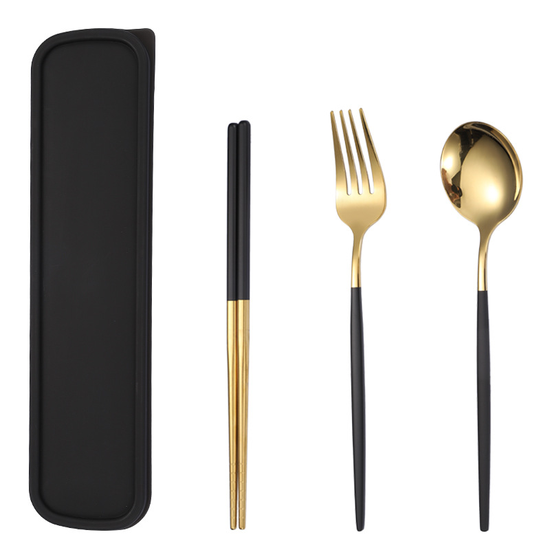 Gold stainless steel wedding cutlery set with fork, knife, and spoon

