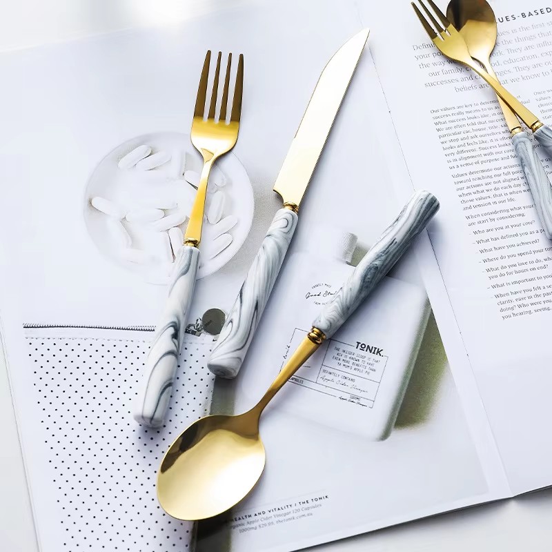Modern matte gold stainless steel dinner cutlery set with elegant finish