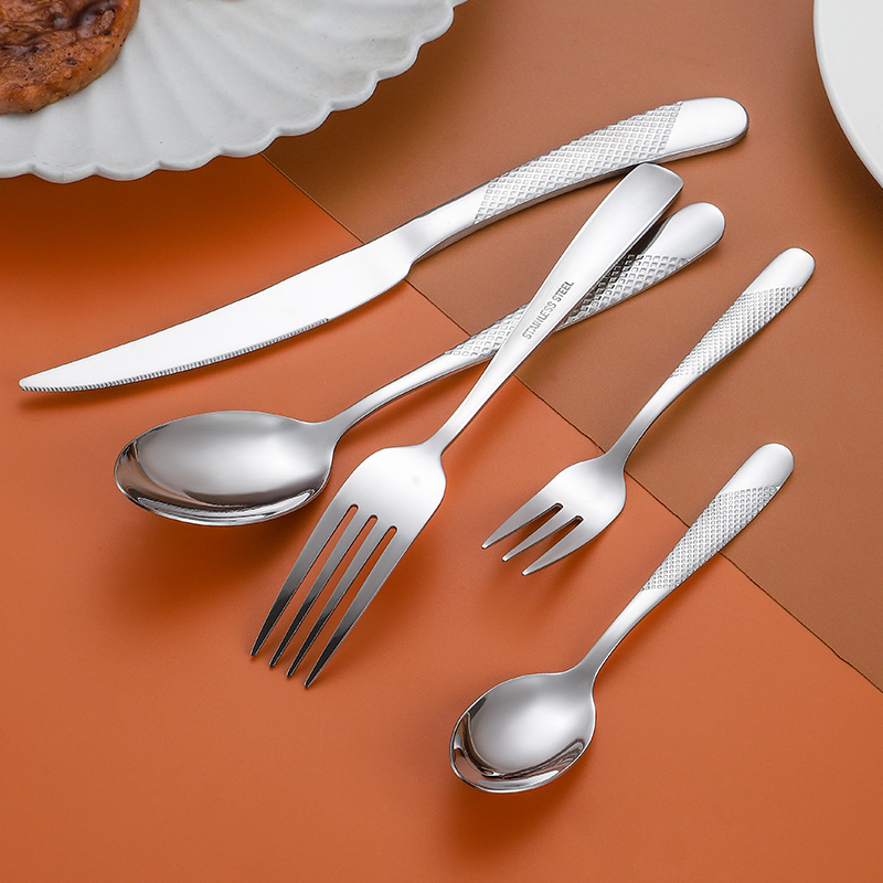 Stainless steel silverware set for hotel and restaurant table settings

