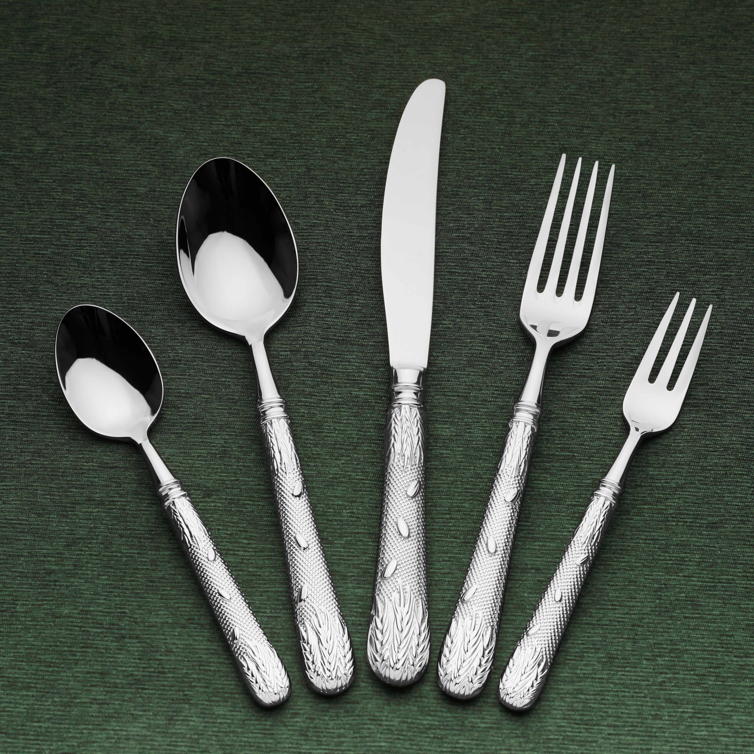 Wedding cutlery set with knife, fork, and spoon in polished stainless steel finish

