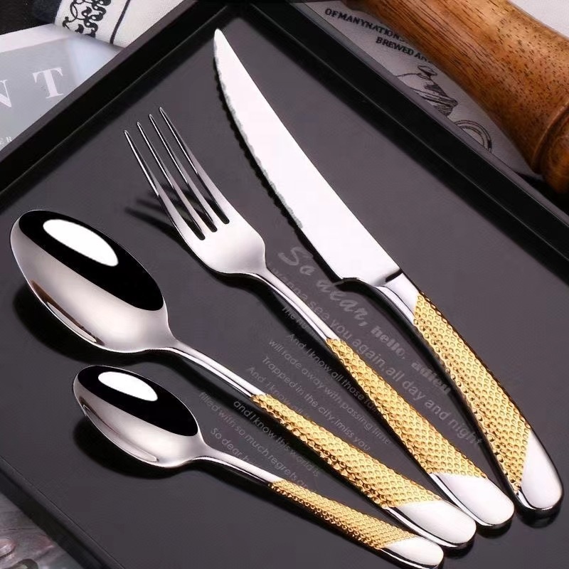 Wedding cutlery set with knife, fork, and spoon in polished stainless steel finish

