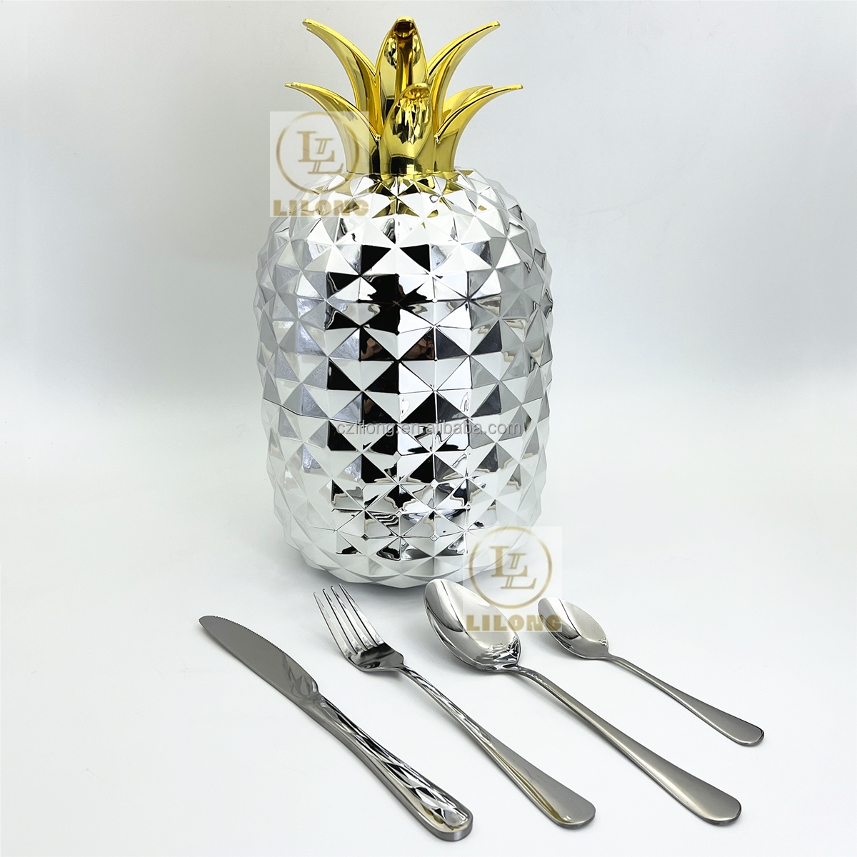 Wedding cutlery set with knife, fork, and spoon in polished stainless steel finish

