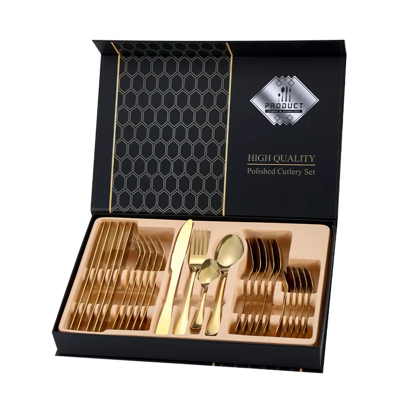 Fashionable gold stainless steel silverware set with modern flatware design


