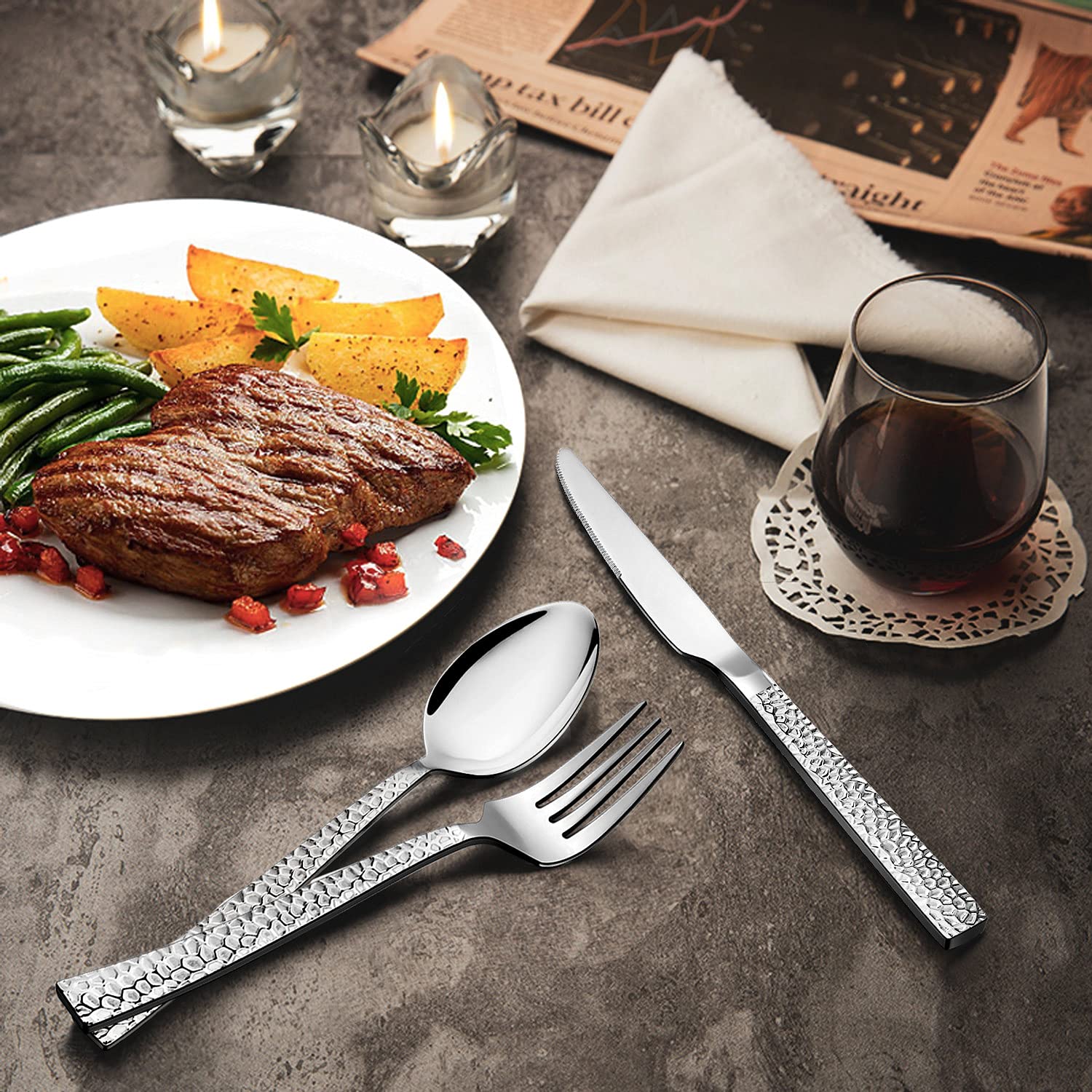 Premium silver stainless steel cutlery set with knife, fork, and spoon for wholesale

