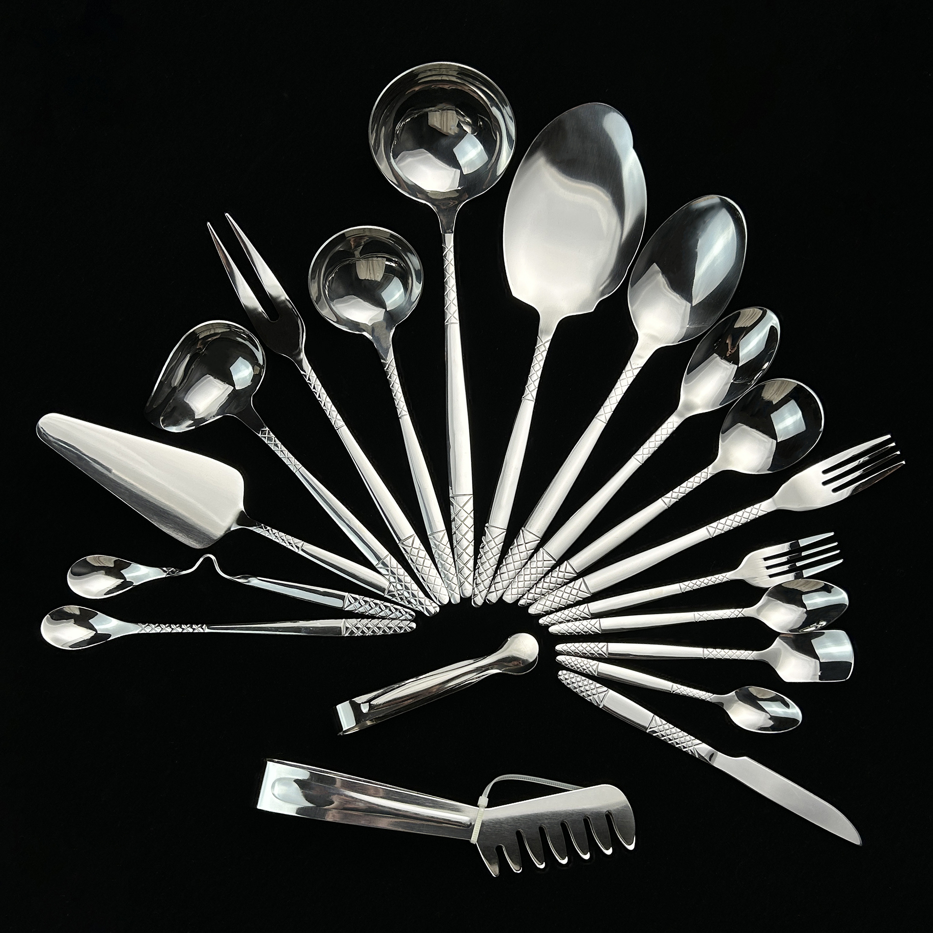 Silver cutlery set with knife, fork, and spoon for elegant dining and banquet use

