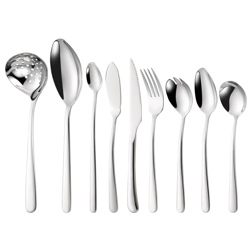 Stainless steel cutlery set including spoon, fork, and knife with polished finish

