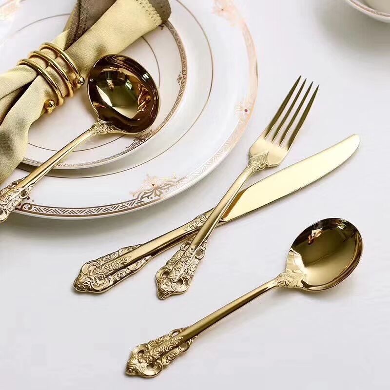 Vintage-style gold stainless steel cutlery set with classic design