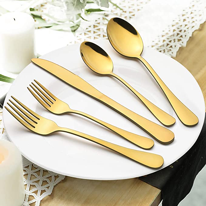  Vintage-style gold stainless steel cutlery set with classic design
