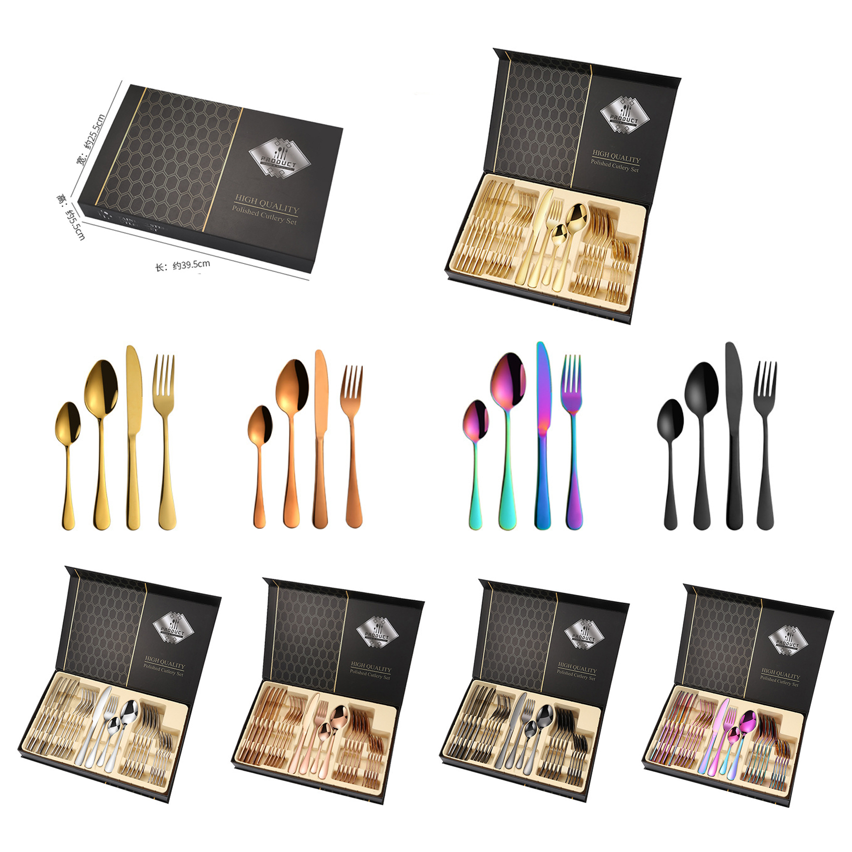 S-shaped stainless steel flatware set with knife, fork, and spoon

